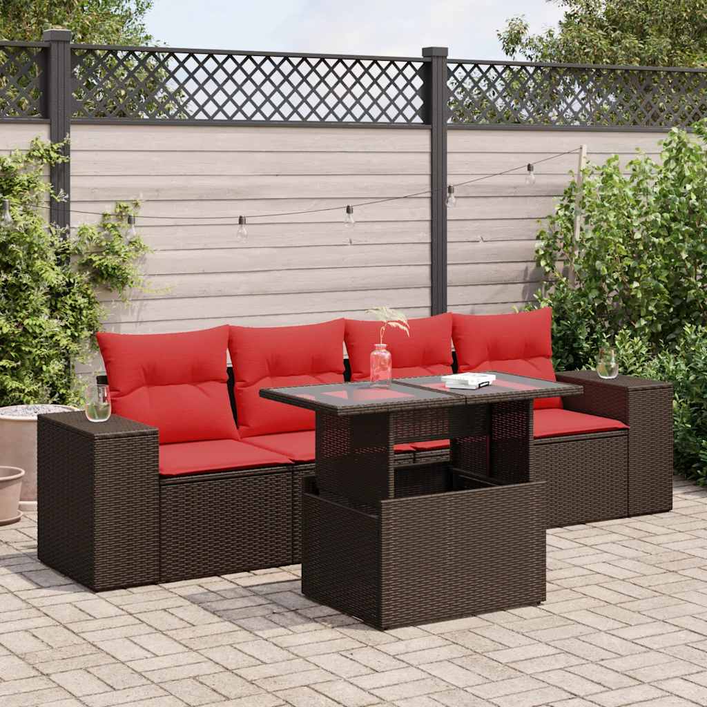 5-tlg. Garten-Sofagarnitur mit Kissen Braun Poly Rattan Akazie